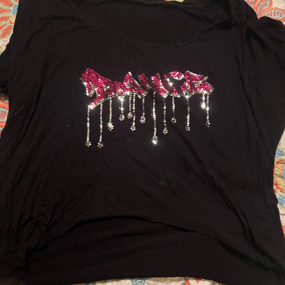 Black cropped top Tahiti with Pink Sequin Design says dance